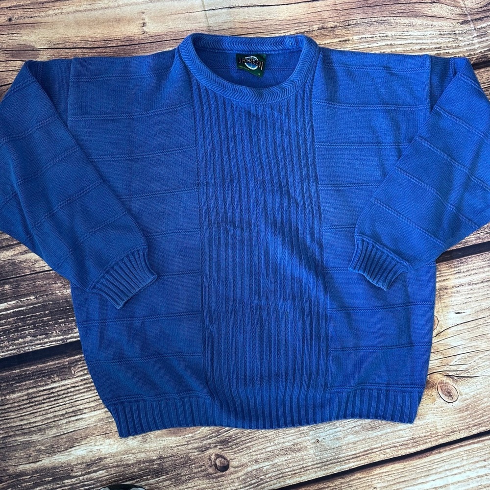 Vintage Janzen Mens XL Royal Blue Textured Knit Crewneck Sweater Made in USA